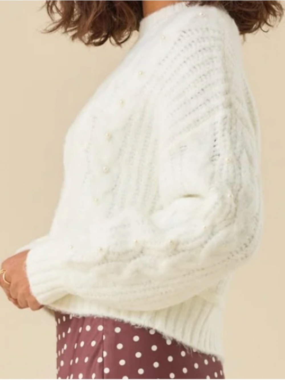 Altar'd State Pearl-Embellished Cream Cable Crew Sweater